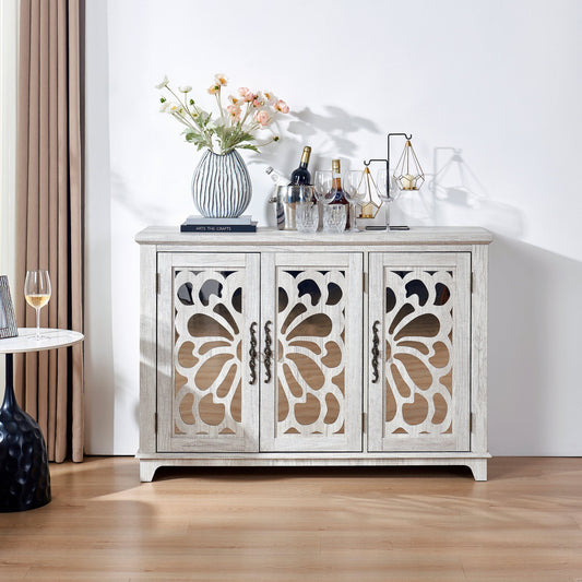 Freestanding Accent Storage Cabinet, MDF Sideboard Buffet Cabinet, Acrylic Mirror Carved Doors, Adjustable Shelf, Spacious Countertop, Anti‑Tip Straps, Easy Assembly for Living Room Hallway Kitchen