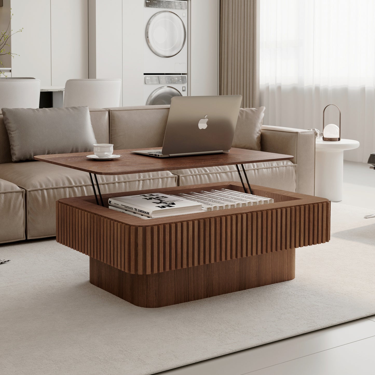 38.6'' Fluted Lift-top Coffee Table Solid Wood Veneered Modern Coffee Table Accent Tea Table with Storage and Adjustable Height for Living Room, Bedroom, Apartment or Office, Walnut