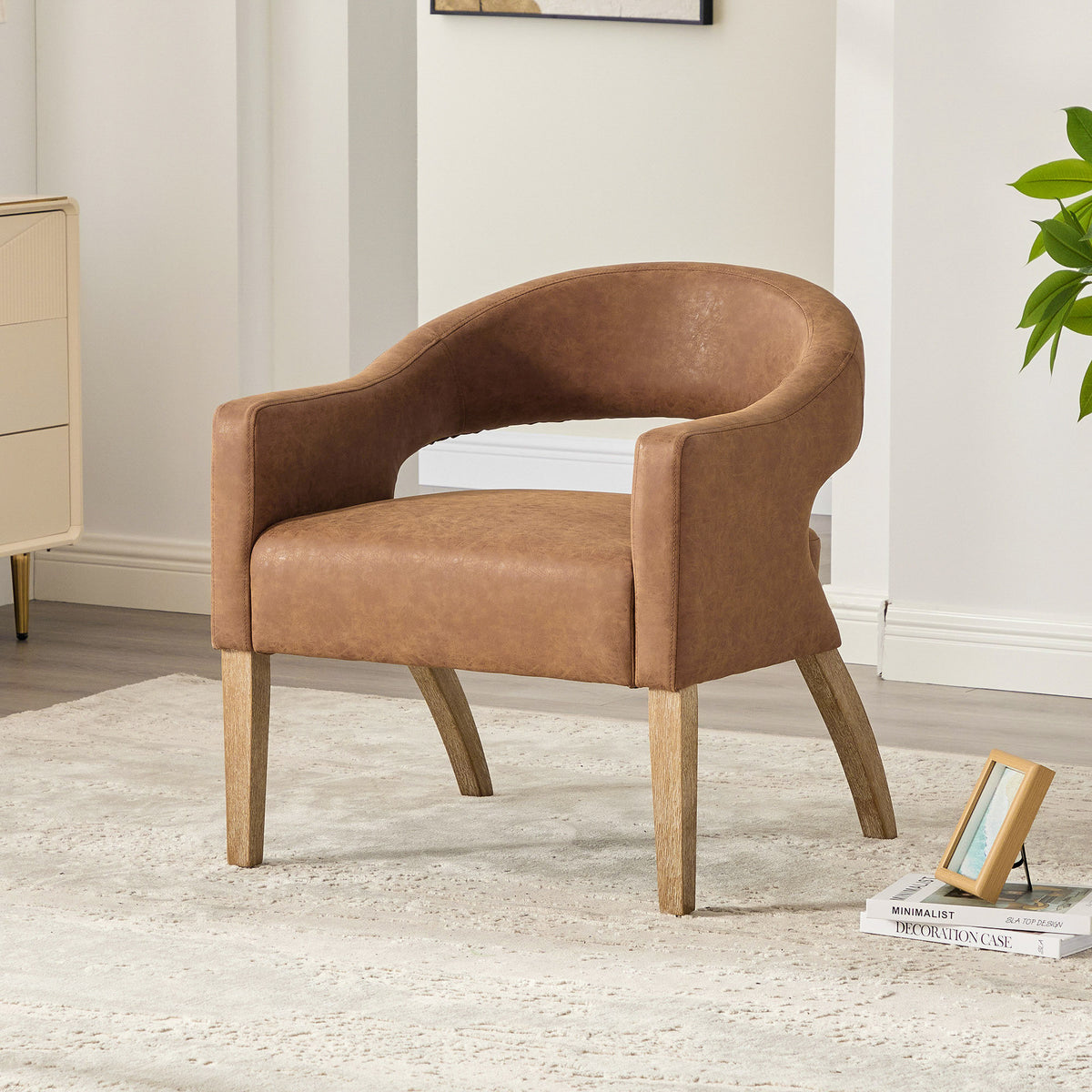 Modern Upholstered PU Open Back Accent Armchair Barrel Dining Chair with Weathered Rubberwood Legs, Hollow-Out Side Club Chair for Living Room Bedroom Restaurant Cafes Dining Room Reception,Brown