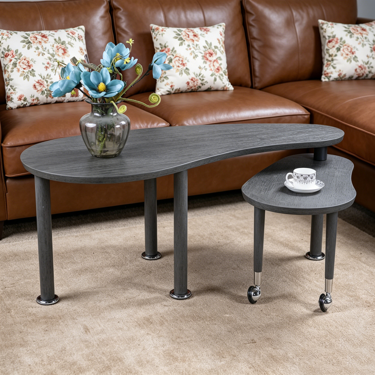 Contemporary rotatable cocktail table with solid rubber wood legs, 360 degree rotating coffee table with wood grain veneer tabletop grey brown / walnut / black finish for living room, bedroom