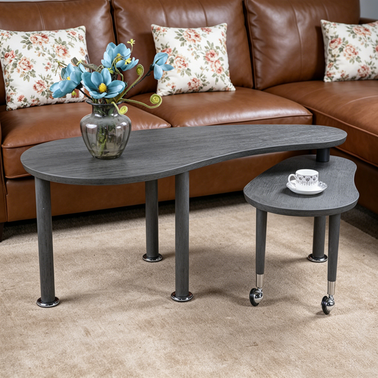 Contemporary rotatable cocktail table with solid rubber wood legs, 360 degree rotating coffee table with wood grain veneer tabletop grey brown / walnut / black finish for living room, bedroom