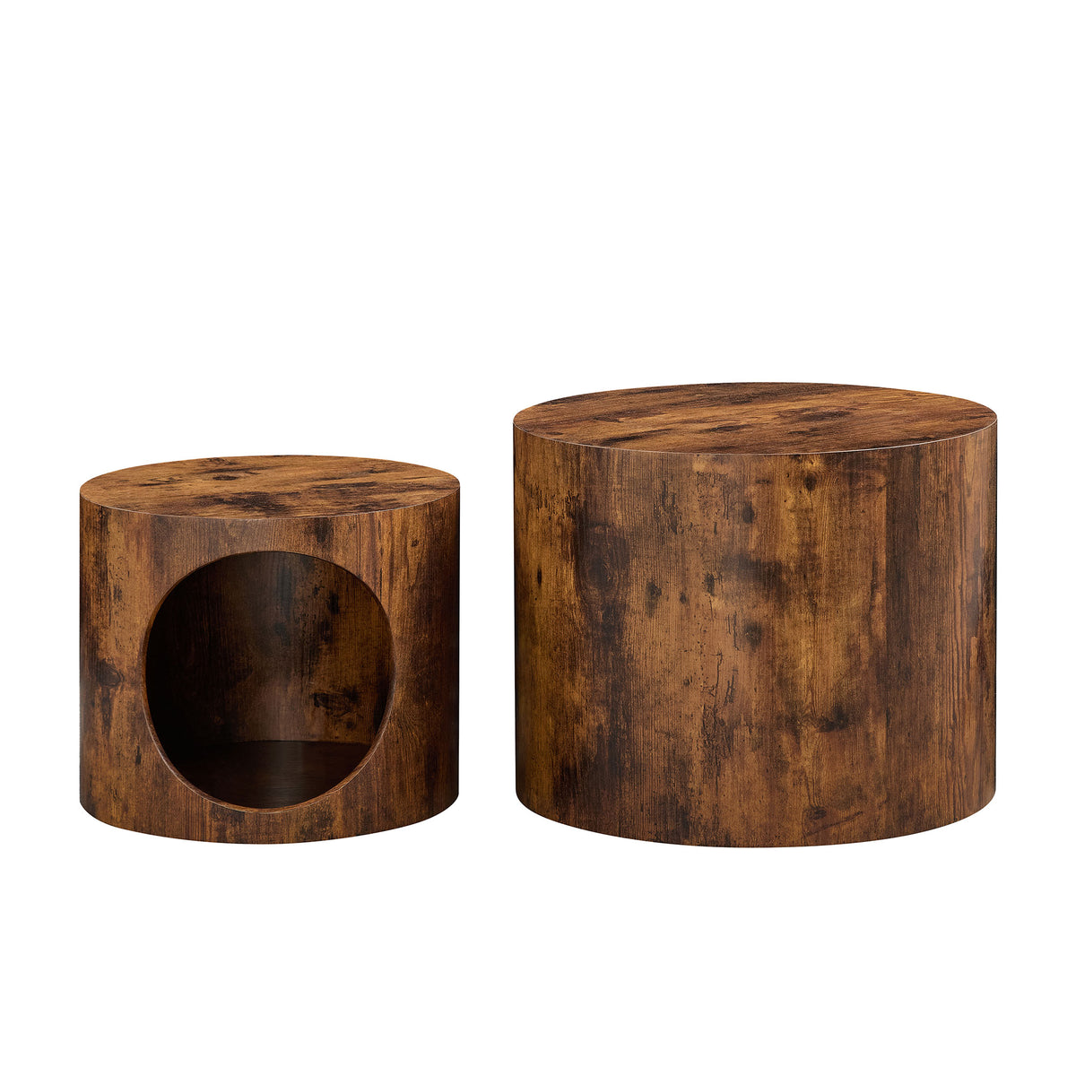Cat Nest Nesting Stool Set Round Nesting Coffee Table Set of 2 for Living Room,No Assembly Dark Brown