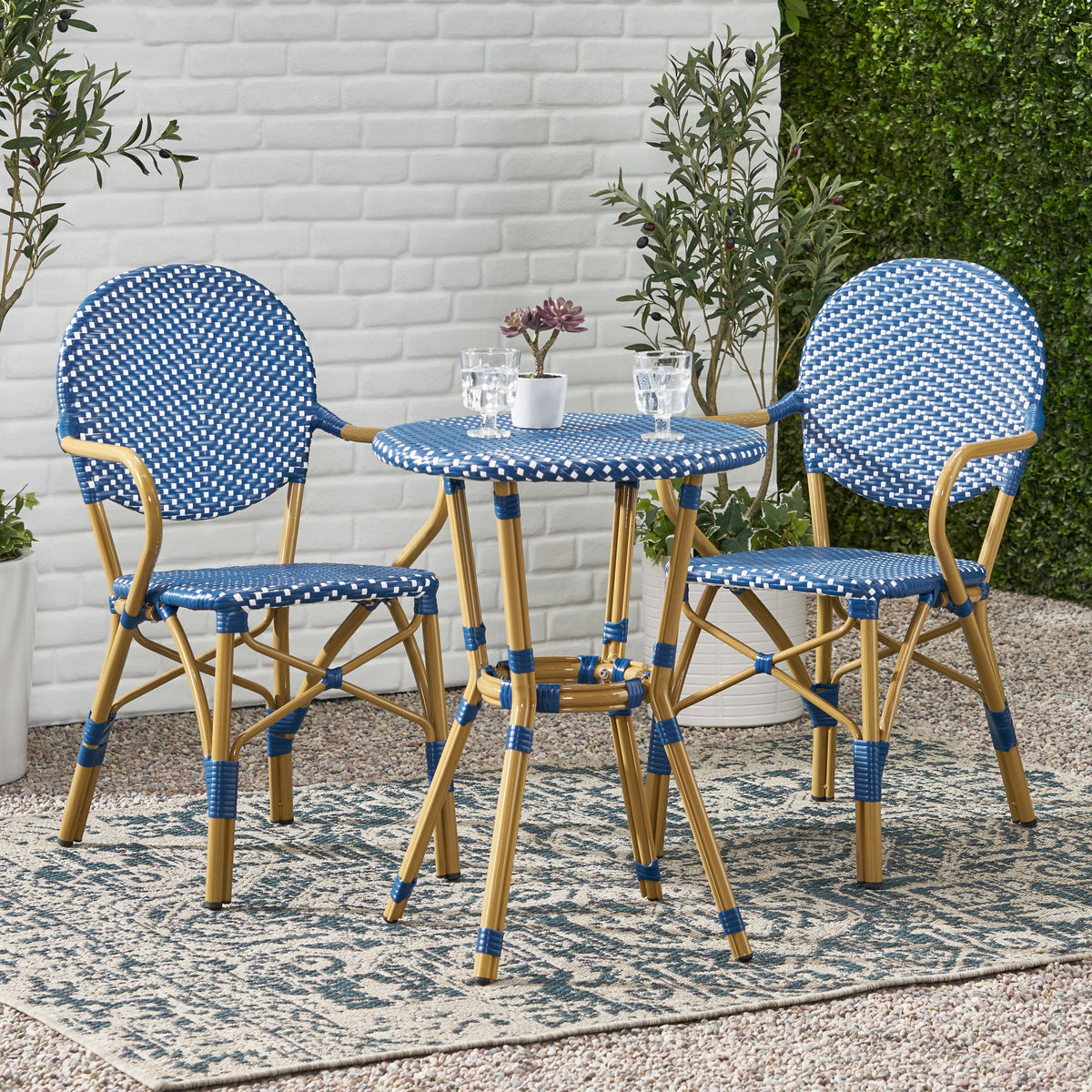 Outdoor PE Rattan and Aluminum 3 Piece French Bistro Set, Dark Teal & White, and Bamboo Finish