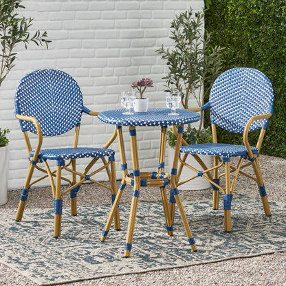 Outdoor PE Rattan and Aluminum 3 Piece French Bistro Set, Dark Teal & White, and Bamboo Finish