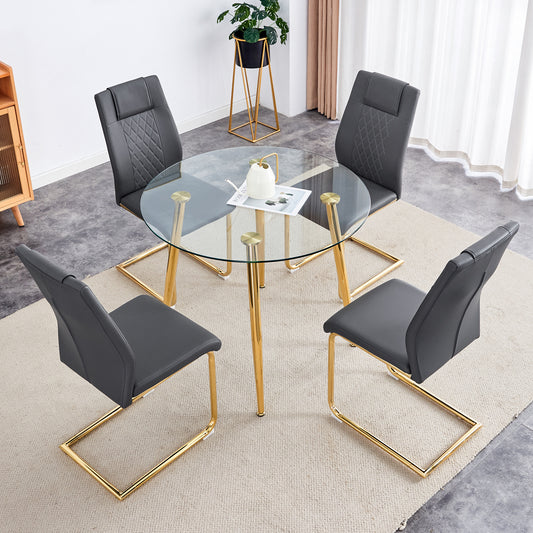 A modern minimalist style round transparent tempered glass table with gold metal legs, paired with 4 modern PU leather high-back dining chairs,bringing you a luxurious experience.