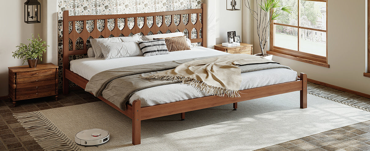 King Size Bamboo Platform Bed with Diamond-shaped headboard, Solid Bamboo-made Bed Frame with Support Slats, for Bedroom, Guest Rooms, Brown