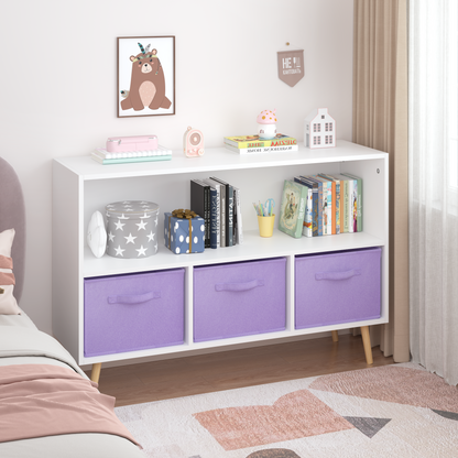 Kids bookcase with Collapsible Fabric Drawers, Children's Book Display, Toy Storage Cabinet Organizer, White/Purple