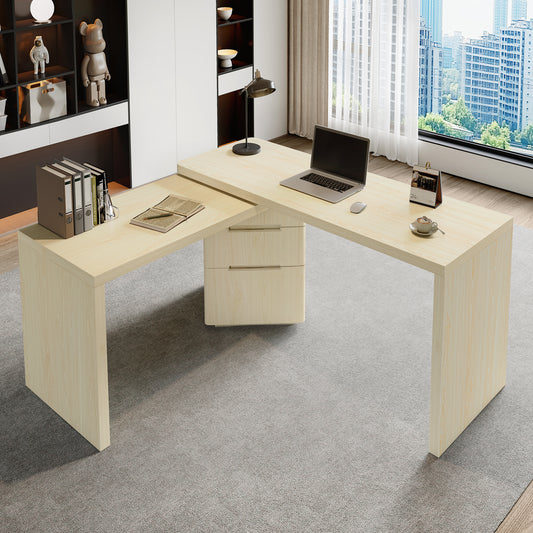 90" Modern L Shaped Desk in Natural Wood with 3 Drawers, 360° Wood Rotating Desk, Executive Office Desk, Corner Desk