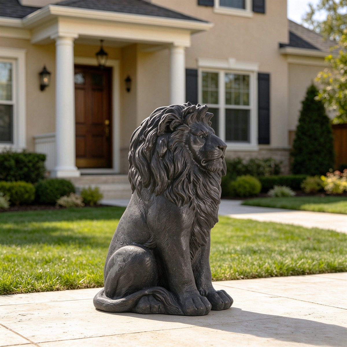 24.61' Black Sitting Lion Statue, Magnesium Oxide Stone Composite Animal Sculpture Statue Decor for Front Door, Yard Patio Garden, Matte Black Finish, Ideal Gift for Housewarming & Estate Decoration