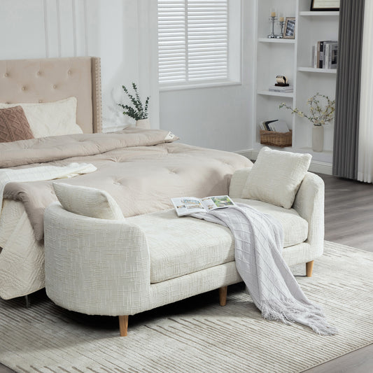 77.17" Wide Modern Upholstered End of Bed Bench with Armrests, Chenille Chaise Lounge Couch with 2 Bolster Pillows, Daybed with Rubberwood Legs For Living Room,Bedroom,Apartment,Guestroom,BEIGE