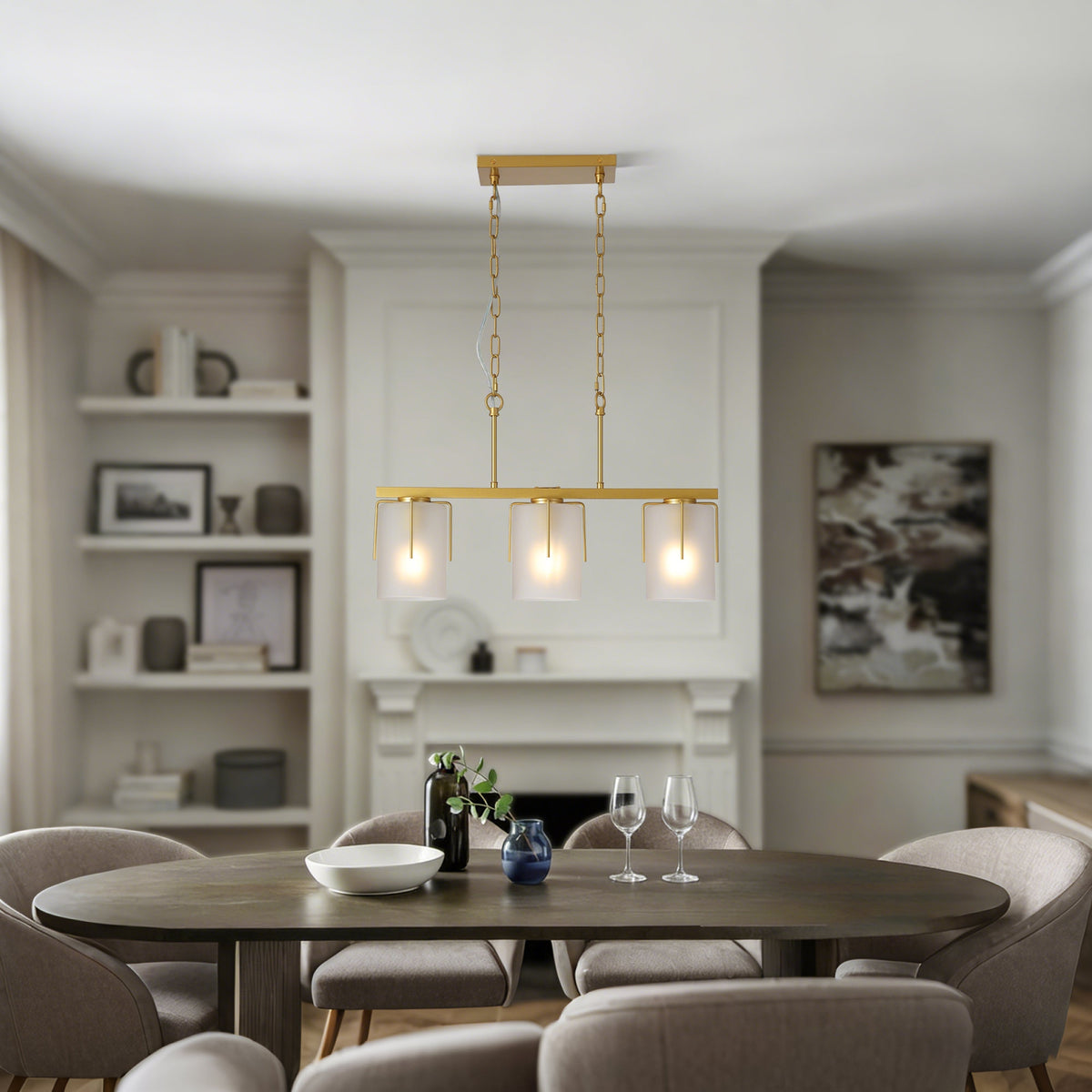 Modern Gold 3-Light Linear Chandelier, E26 Base, Adjustable Height Pendant Light with Milky White Frosted Glass Shades