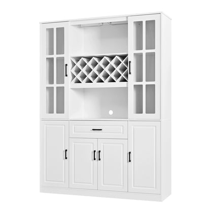 U_Style 74.1" Tall Wine Cabinet with Wine Rack & Glass Holder, 4-Door Storage Cabinet with Drawer & Open Shelves, Multifunctional Kitchen & Bar Cabinet with Door Storage for Kitchen, Dining Room