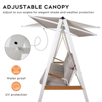 Outdoor Patio 3 seaters Metal Swing Chair Swing bed with Cushion and Adjustable Canopy Champagne Color