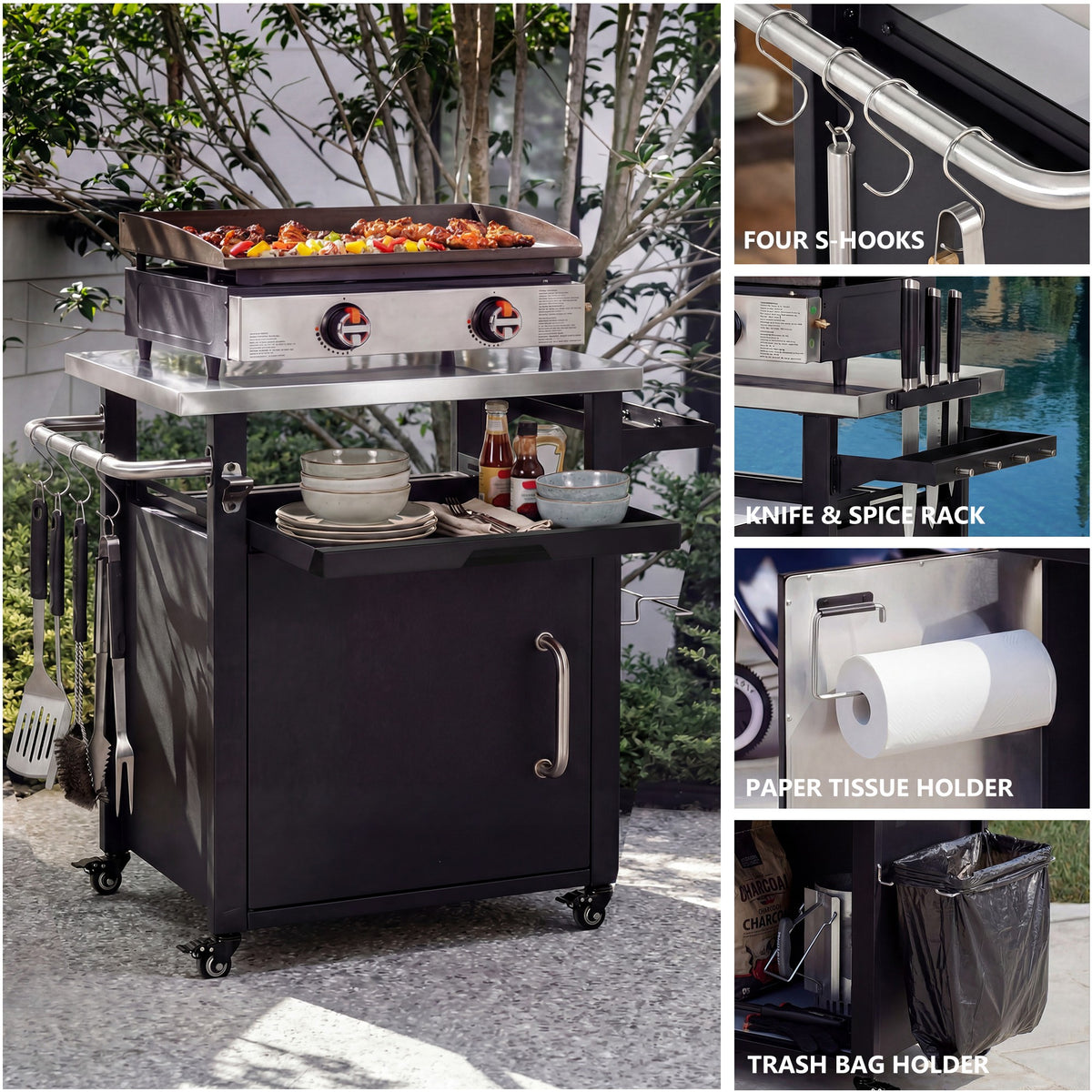 K&K 39.5" Outdoor Grill Cart with Storage Cabinet, Outdoor Bar Cart Pizza Oven Table with Wheels, Stainless Steel Top