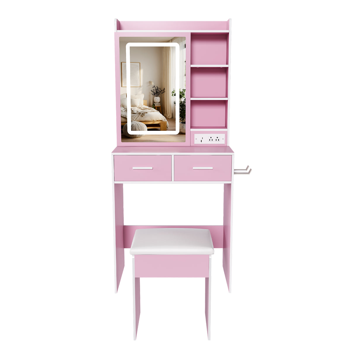 Small Makeup Vanity Desk with Mirror & Adjustable LED Lights, Built-in Power Outlet & Hidden Storage, Includes padded stool & Shelf