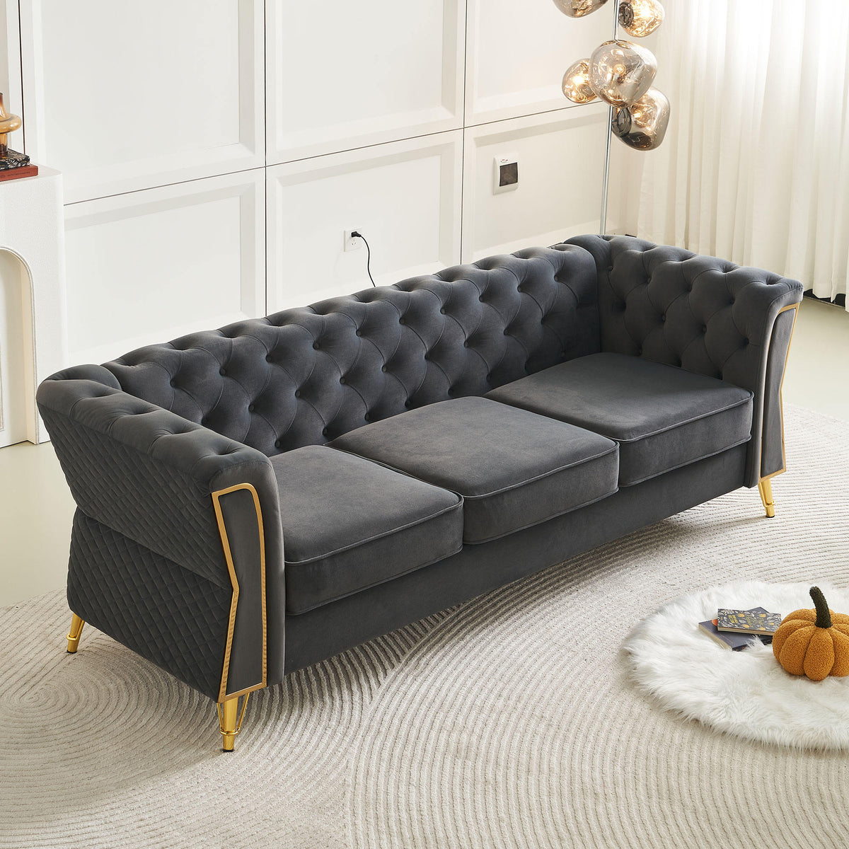 Modern Tufted Velvet Sofa 87.4 inch for Living Room Dark Grey Color