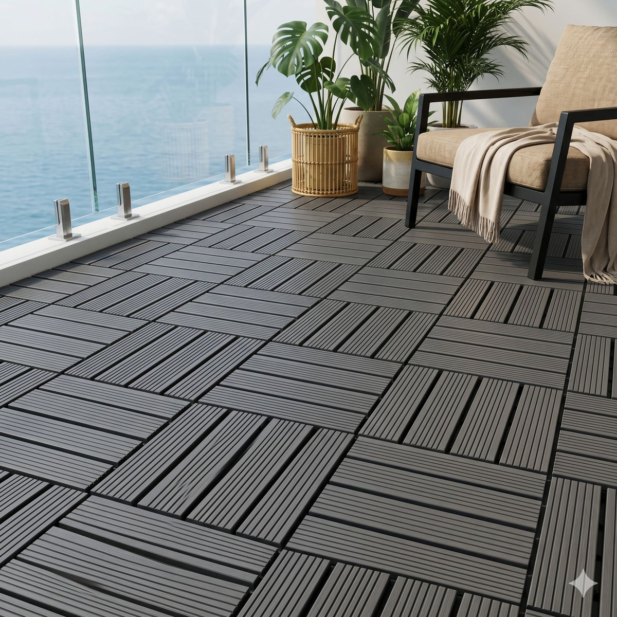 Plastic Interlocking Deck Tiles, 44 Pack 12"x12" Waterproof Non-Slip Outdoor Patio Flooring, All Weather Drainable Snap Together Decking Tiles for Poolside, Porch, Garden, Backyard & Shed Floor,Grey