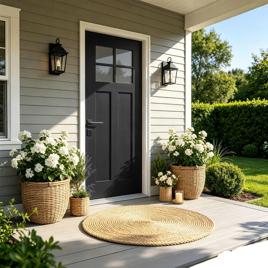 36'x80' Fiberglass Front Door with White 4-9/16' PVC Frame,Right-Hand Inswing Exterior Door with Brickmould,Contemporary minimalist smooth skin with clear glass for Home Entrance, Black