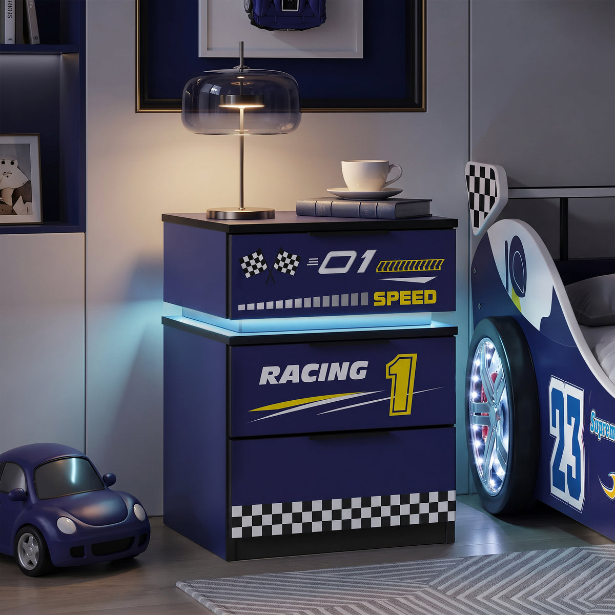 Kids Racing Car 3-Drawer Nightstand with Smart RGB LED Light, App/Remote/Music Sync Bedside Storage Cabinet, Fully KD