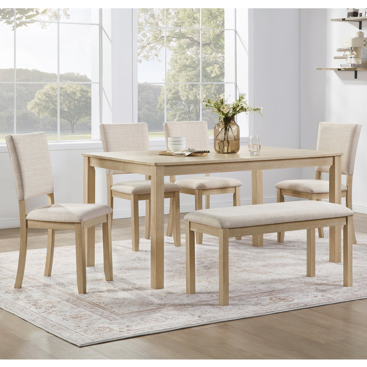 6 Piece Dining Table Set with Bench, Wooden Rectangular Kitchen Table Set with Bench and 4 Upholstered Chairs, Light Oak & Beige