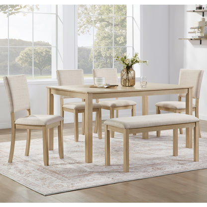 6 Piece Dining Table Set with Bench, Wooden Rectangular Kitchen Table Set with Bench and 4 Upholstered Chairs, Light Oak & Beige