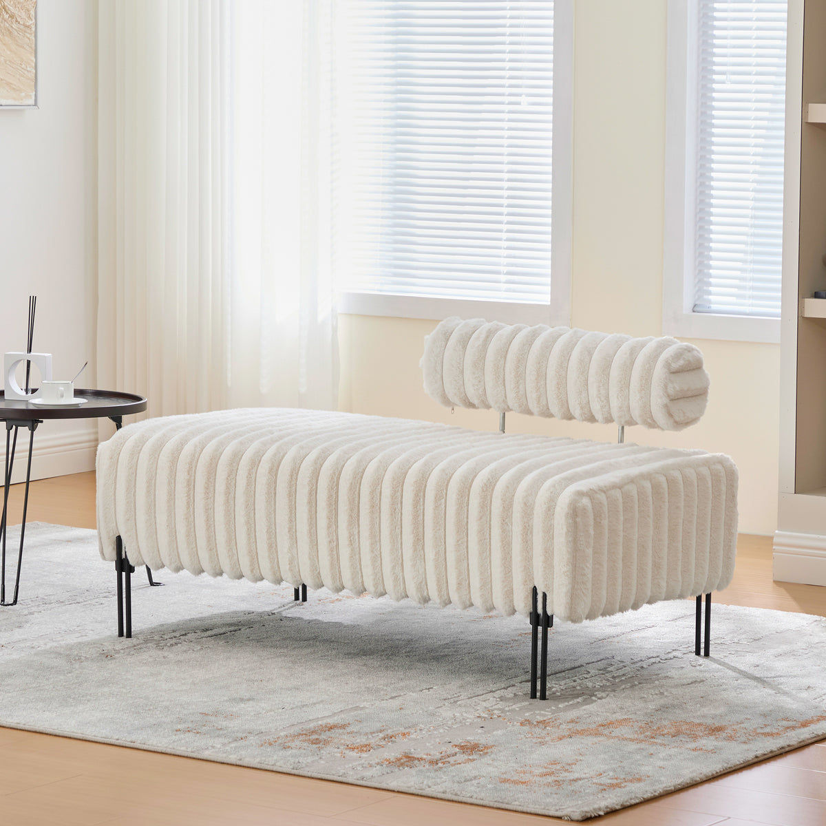 Elegant Upholstered Mini Loveseat with Adjustable Backrest, Beige Faux Fur, 49.6" Wide