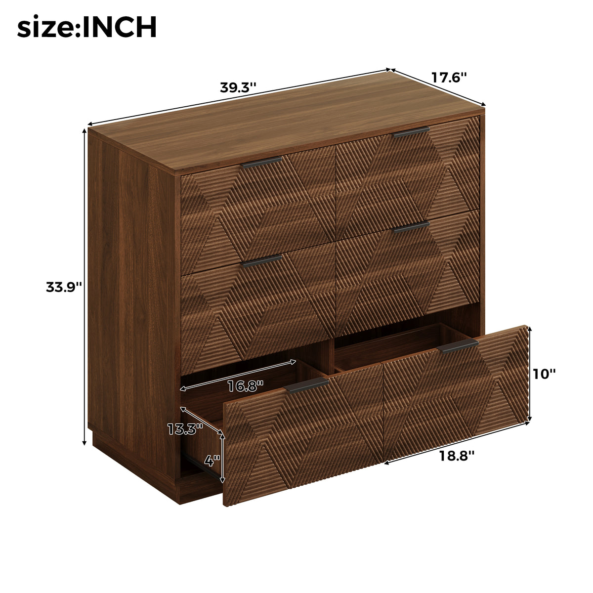 Modern Walnut Dresser with 6 Drawers, Mid Century 3D Geometric Wood Chest of Drawers, Large Storage Cabinet for Bedroom, Living Room & Entryway