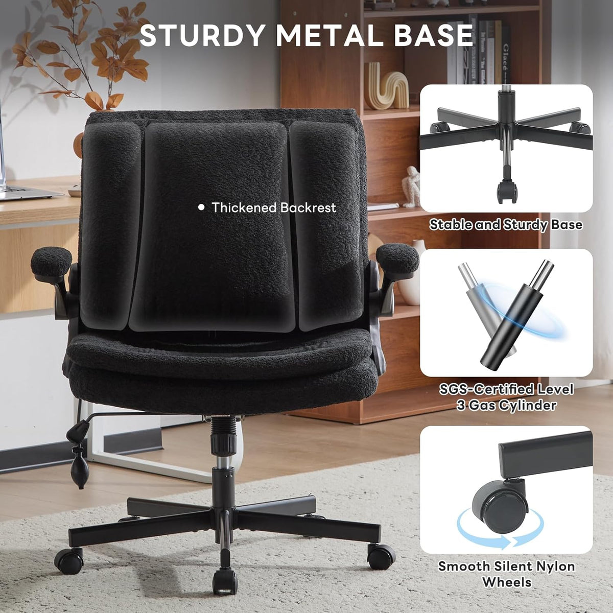 Criss Cross Legged Office Chair with Flip-Up Back Built-In Dynamic Airbag Lumbar Support, Wide Seat Desk Chair with Flip-Up Arms and Wheels, Modern Cross-Leg Chair for Home Office, Vanity, Black.
