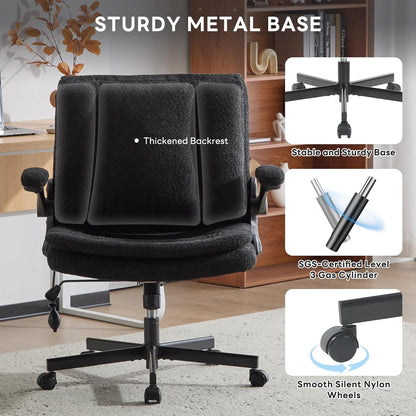 Criss Cross Legged Office Chair with Flip-Up Back Built-In Dynamic Airbag Lumbar Support, Wide Seat Desk Chair with Flip-Up Arms and Wheels, Modern Cross-Leg Chair for Home Office, Vanity, Black.