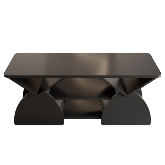 Modern Geometric Engineered Wood Coffee Table with Rounded Corners, Black, 47.24' x 23.62', Sturdy Frame with Open Shelves for Living Room or Office