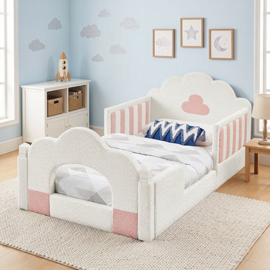 Twin Size Cloud Bed with Safety Guardrail ,Solid Wood Bed Frame for Bedroom, Boucle Fabric