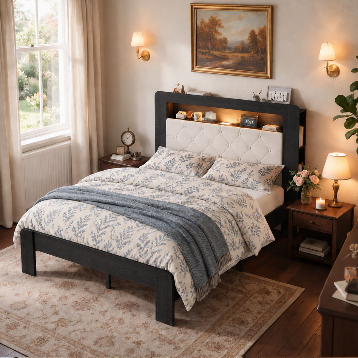 Queen Platform Bed Frame, Black Wood Look Frame with Soft Velvet , Sturdy Wood Slat Support System, Easy to Assemble, No Box Spring Required, Luxury Bedroom Furniture