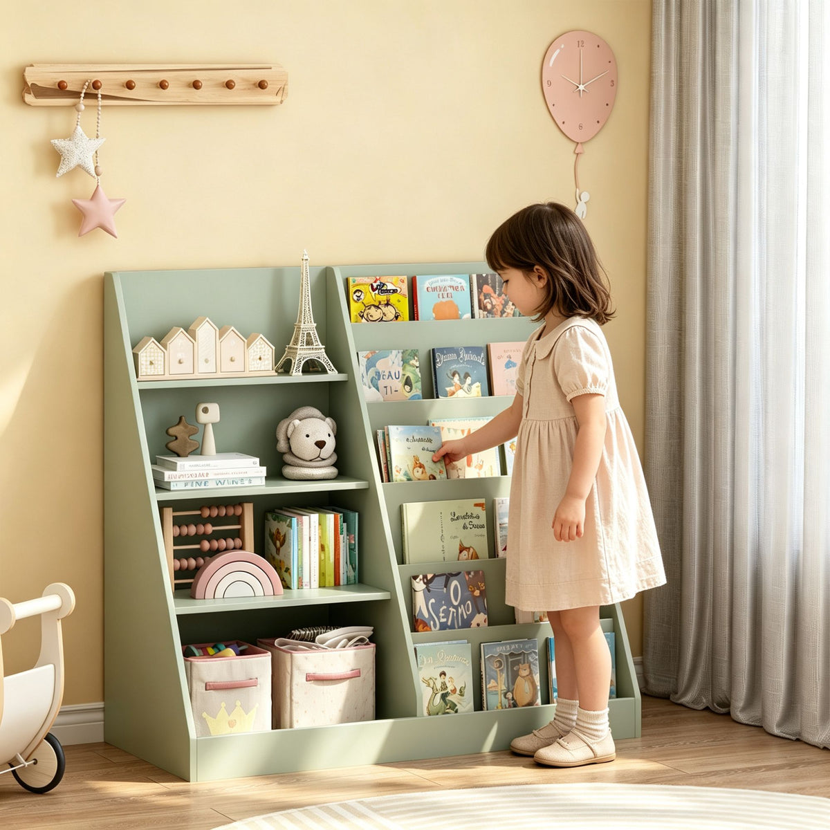 Kids Bookshelf and Toy Storage Organizer, Multifunctional 4 Tier Wooden Kids Book Shelf with  Bookcase Display Stand in Kids Room Playroom Nursery for Kids, Children, Toddlers (Sage)