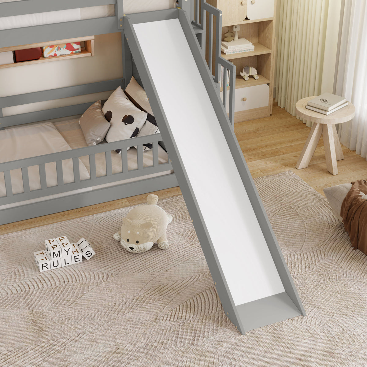 Twin Over twin Bunk Bed with Slide, Storage Staircase, Bedside Storage Rack,LED lights,Pine Solid Wooden Bunk Bed with Safety Guardrails ,Grey