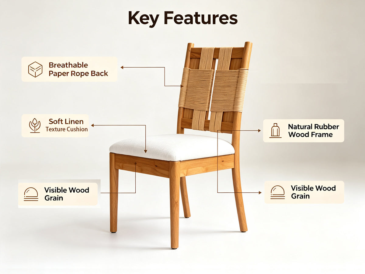 Natural Wood Round Extendable Dining Table Set of 7, 6pcs Rope Woven Back Dining Chairs with Upholstered seats, Natural Oak Finish Dinner Table Set for Kitchen Dining Room