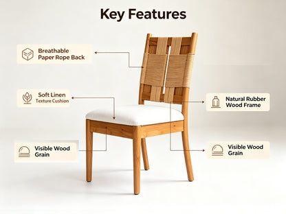 Natural Wood Round Extendable Dining Table Set of 7, 6pcs Rope Woven Back Dining Chairs with Upholstered seats, Natural Oak Finish Dinner Table Set for Kitchen Dining Room