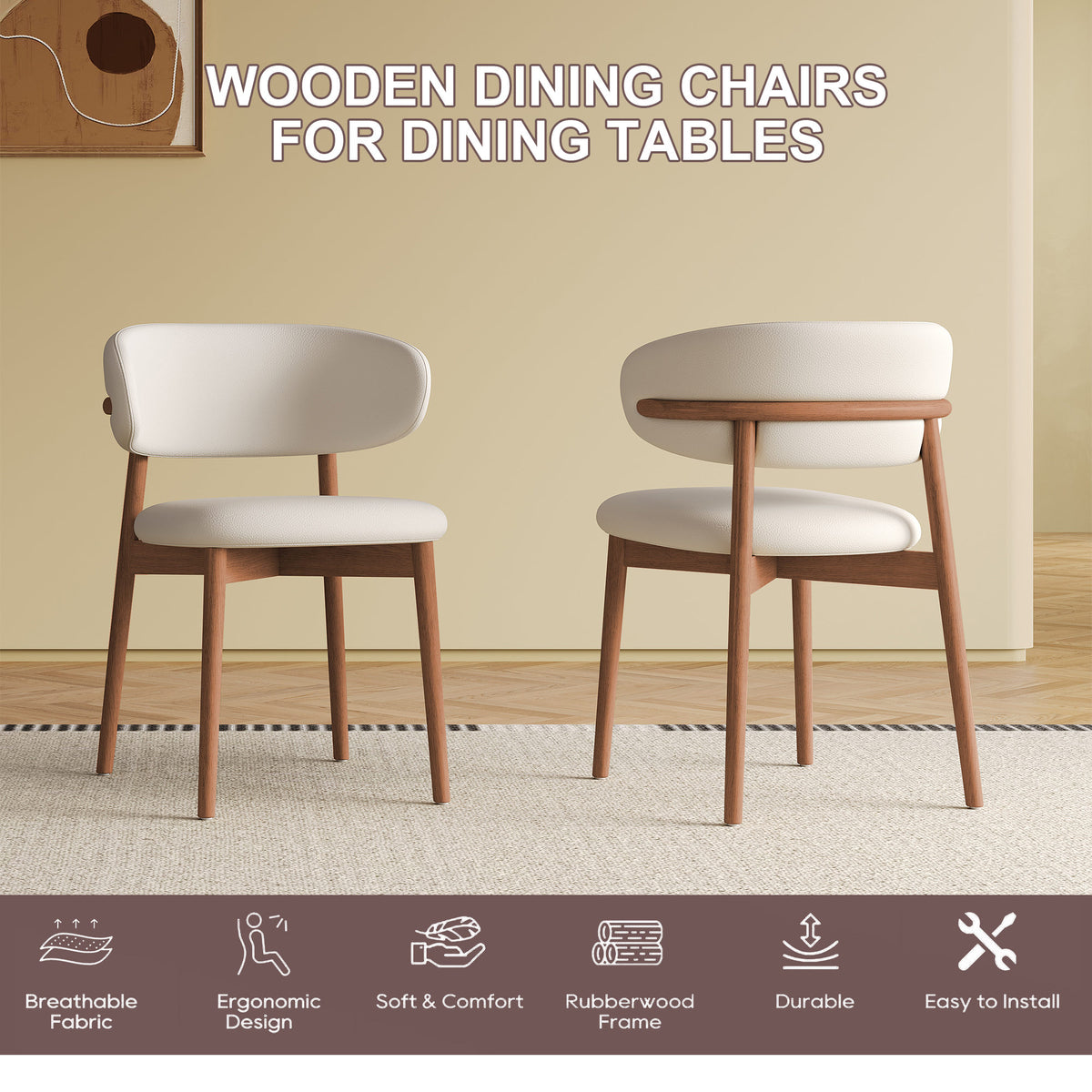 Mid-Century Modern Wooden Feet Dining Chair Set of 2 – White Stylish Chairs for Dining Room, Kitchen, or Living Room, Durable PU & Ash Wood, 20.08 x 20.08 x 30.71 inches