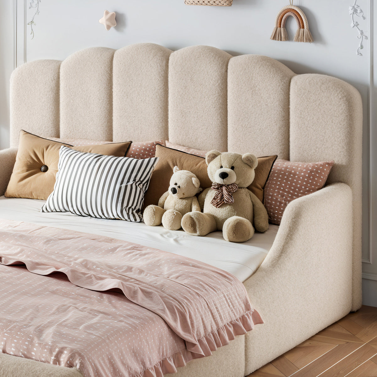 Queen Teddy Fabric Upholstered Floor bed, Stylish Upholstered Kids bed, Low Profile Children Bed Frame, Soft Plush Upholstered Floor bed for Kids &Teens.Beige