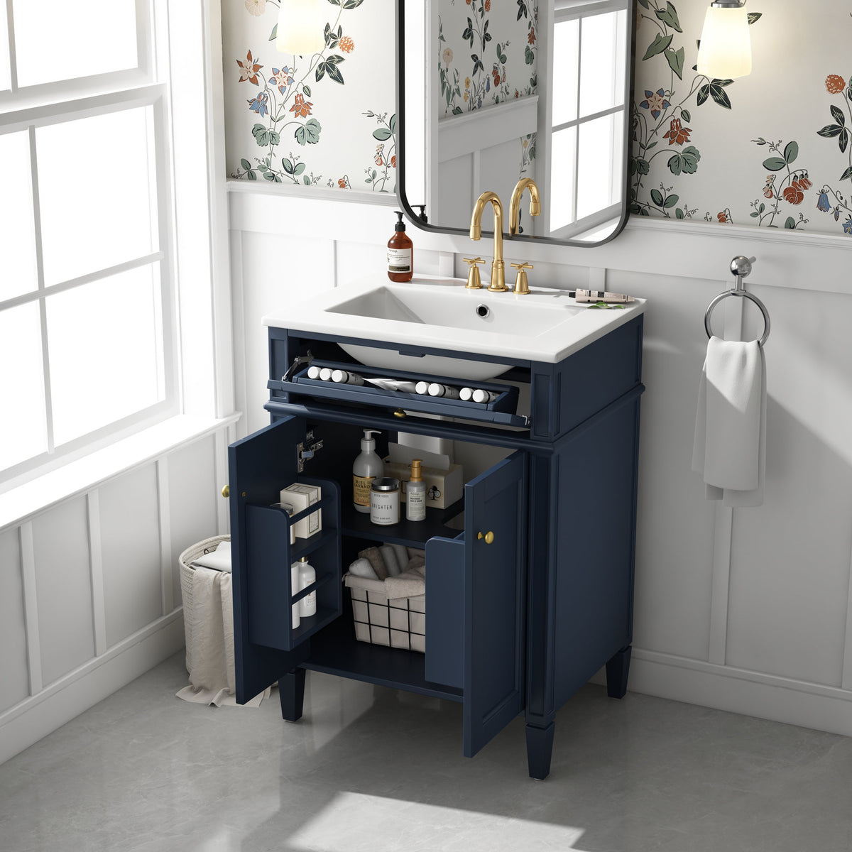 Modern Blue Bathroom Vanity with 2 Doors and Tip-Out Drawer, Ceramic Sink, Soft-Closing Hinges, Solid Wood Frame, 24'