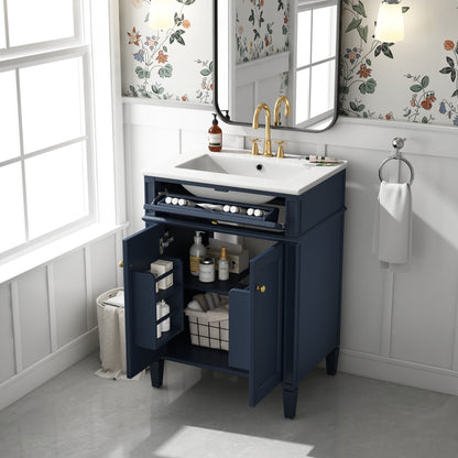 Modern Blue Bathroom Vanity with 2 Doors and Tip-Out Drawer, Ceramic Sink, Soft-Closing Hinges, Solid Wood Frame, 24'