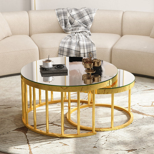 Round Nesting Coffee Table Set of 2, Modern Gold Metal Frame Circular Cocktail Table, Mirrored Finish Top Accent Nesting Tables for Living Room, Apartment