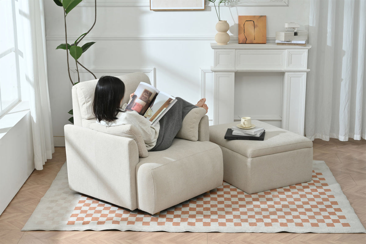 Oversized Chair w/Storage Ottoman, Wide Accent Armchair Chair for Living Room, Modern Lounge Chair, Upholstered Mid-Century Reading Chair, Comfy Living Room Chair, Deep Seat Sofa Couch(Beige Gray)