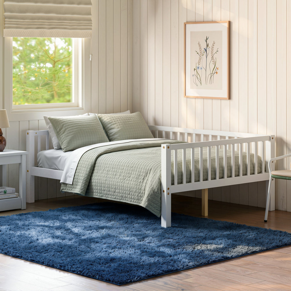 Full Size Daybed, 3-Sided Vertical Slat Guardrail Bed Frame, Breathable Wooden Slat Support Leisure Bed for Home Bedroom,White