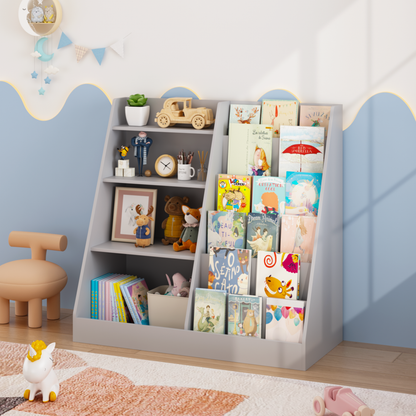 Kids Bookshelf and Toy Storage Organizer, Multifunctional 4 Tier Wooden Kids Book Shelf with Bookcase Display Stand, Children, Toddlers - Gray – Model W808P434870