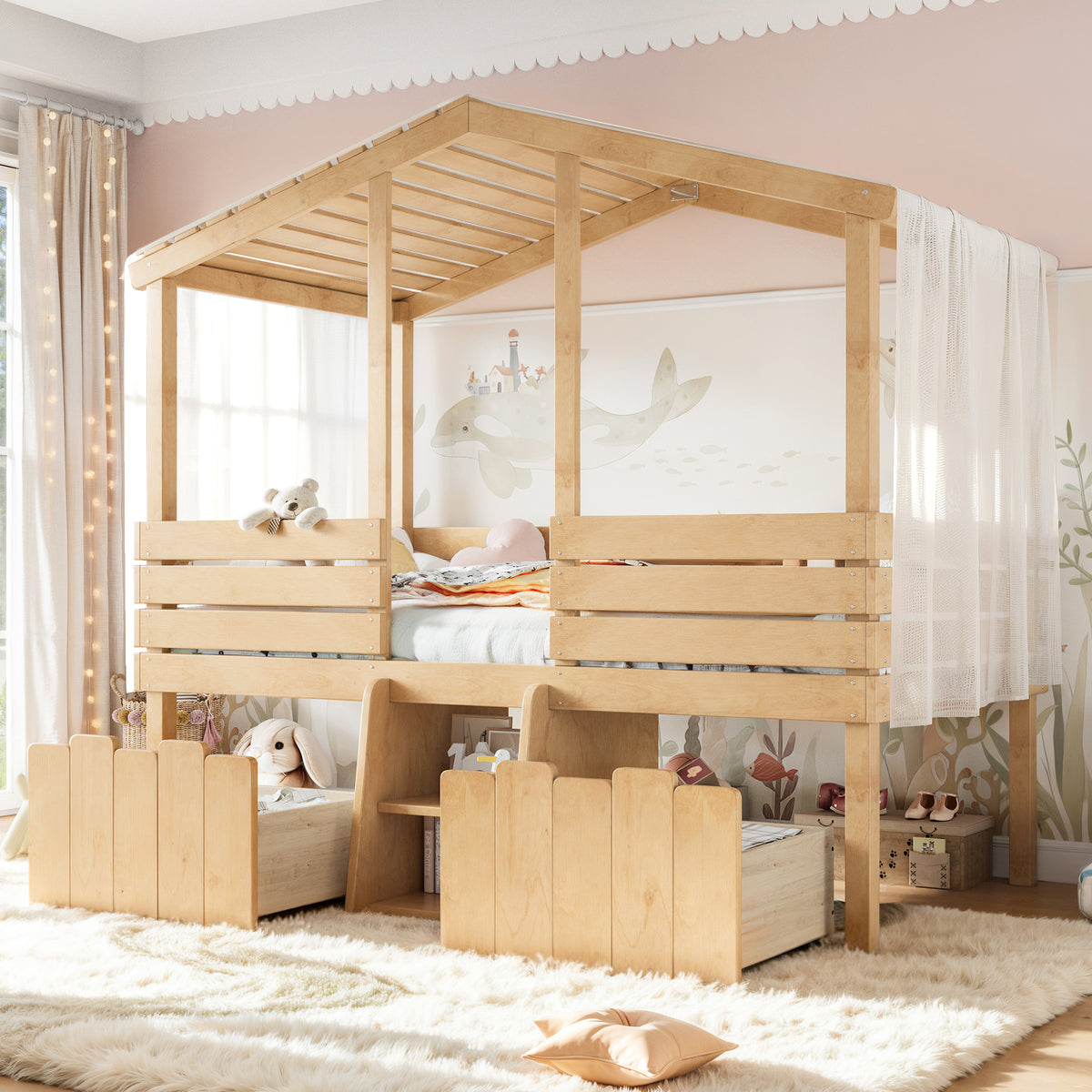 Twin House Loft Bed with Cute Stairs and 2 Big Storage Drawers, Low Loft Bed with House Shaped Roof, Childlike and No Box Spring Needed Design, Farmhouse Style, Natural
