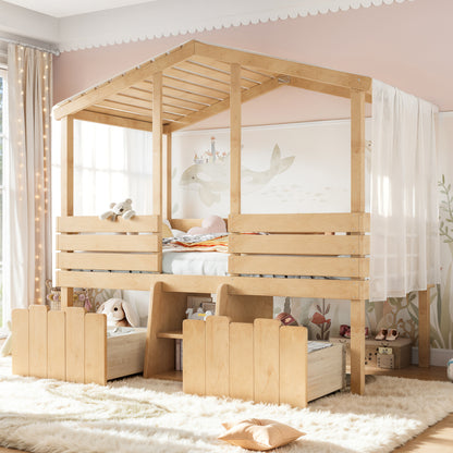 Twin House Loft Bed with Cute Stairs and 2 Big Storage Drawers, Low Loft Bed with House Shaped Roof, Childlike and No Box Spring Needed Design, Farmhouse Style, Natural