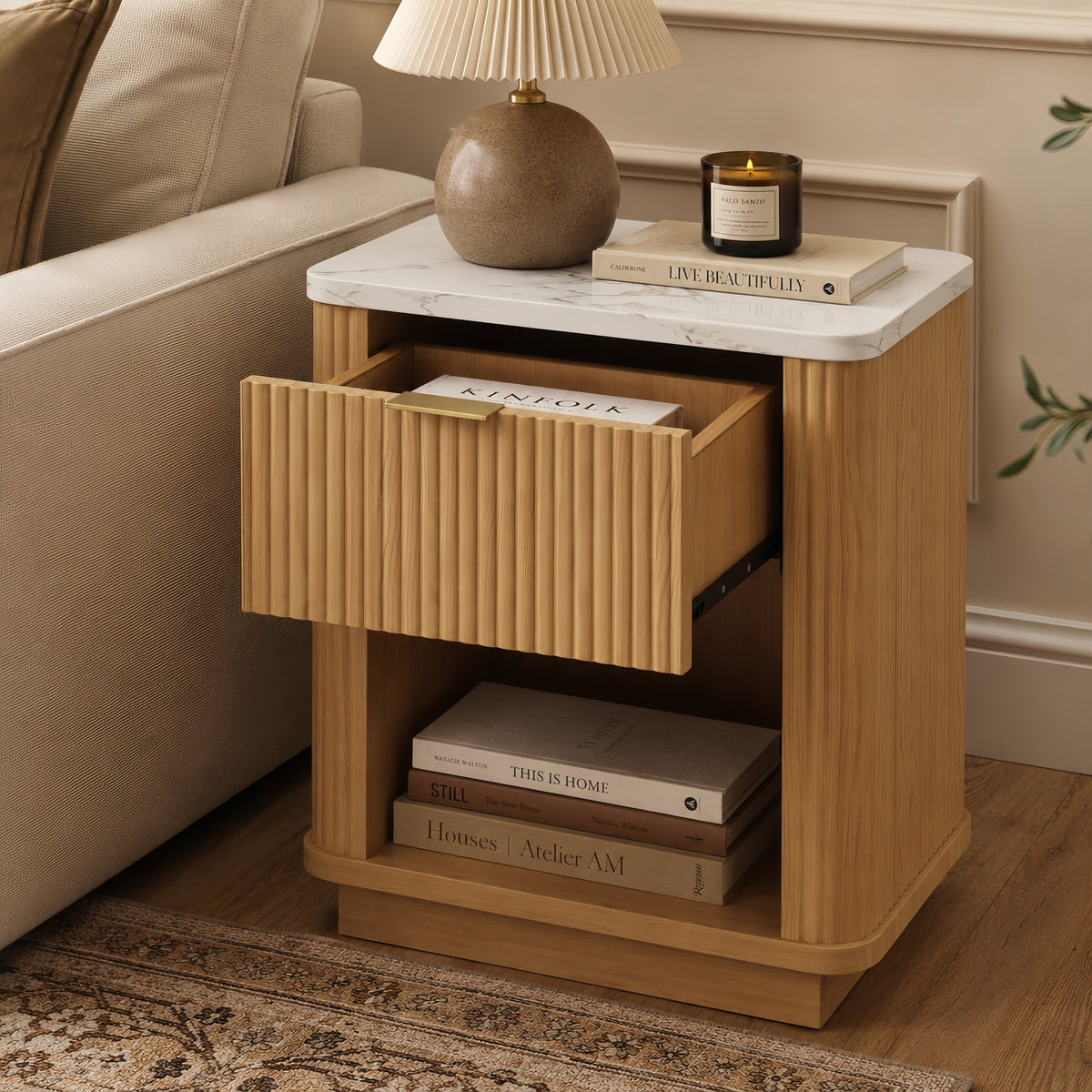 Natural Wood Finish Fluted Nightstand with Storage Drawer and Open Shelf, Faux Marble-Look Top, Gold-Tone Handle, Modern Bedside Table and End Table for Bedroom, Guest Room, Dorm and Living Room