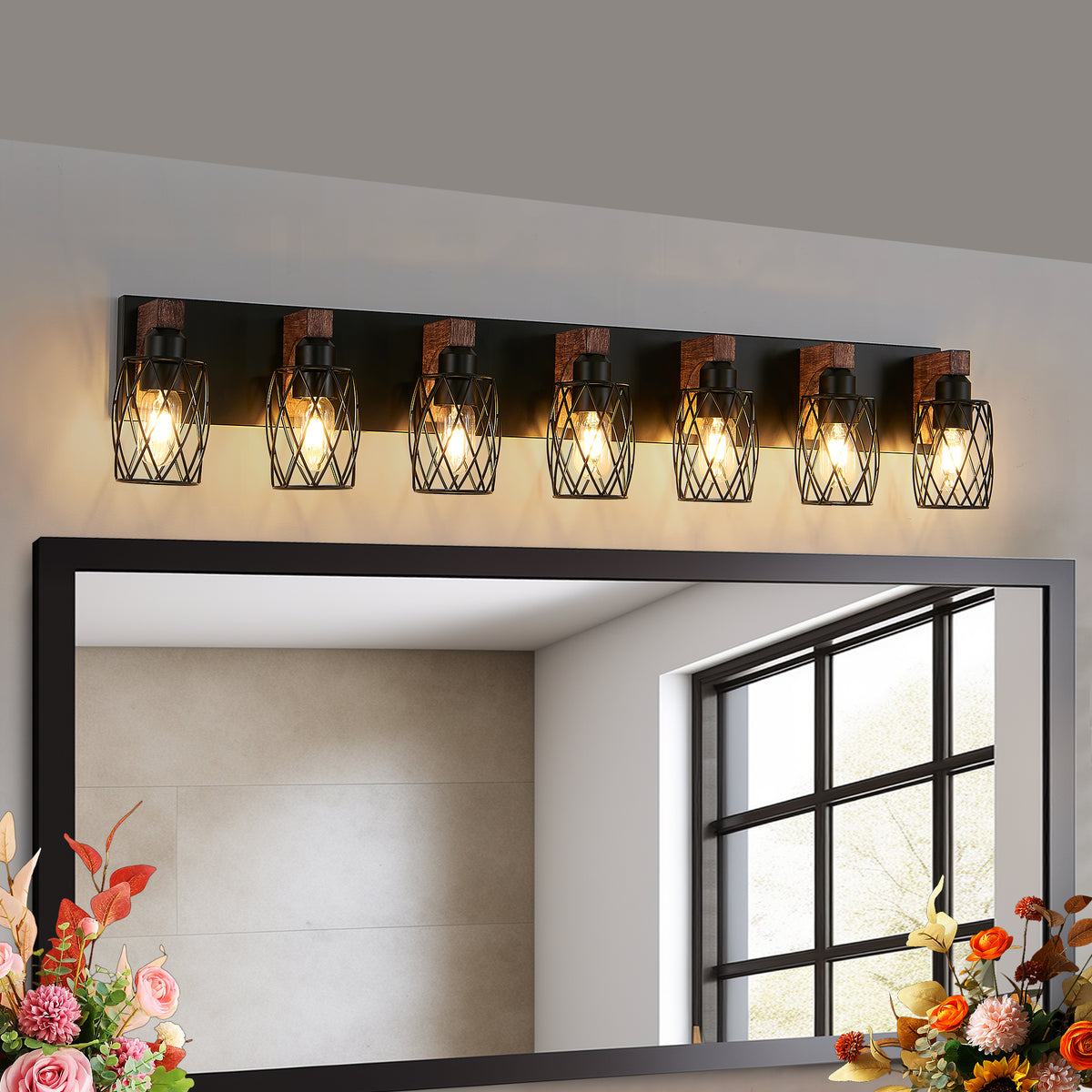 Industrial Vintage 7-Light Wall Sconce - Black Cage Wall Lighting Fixture with Wooden Accents, or Living Room (Bulb Not Included)