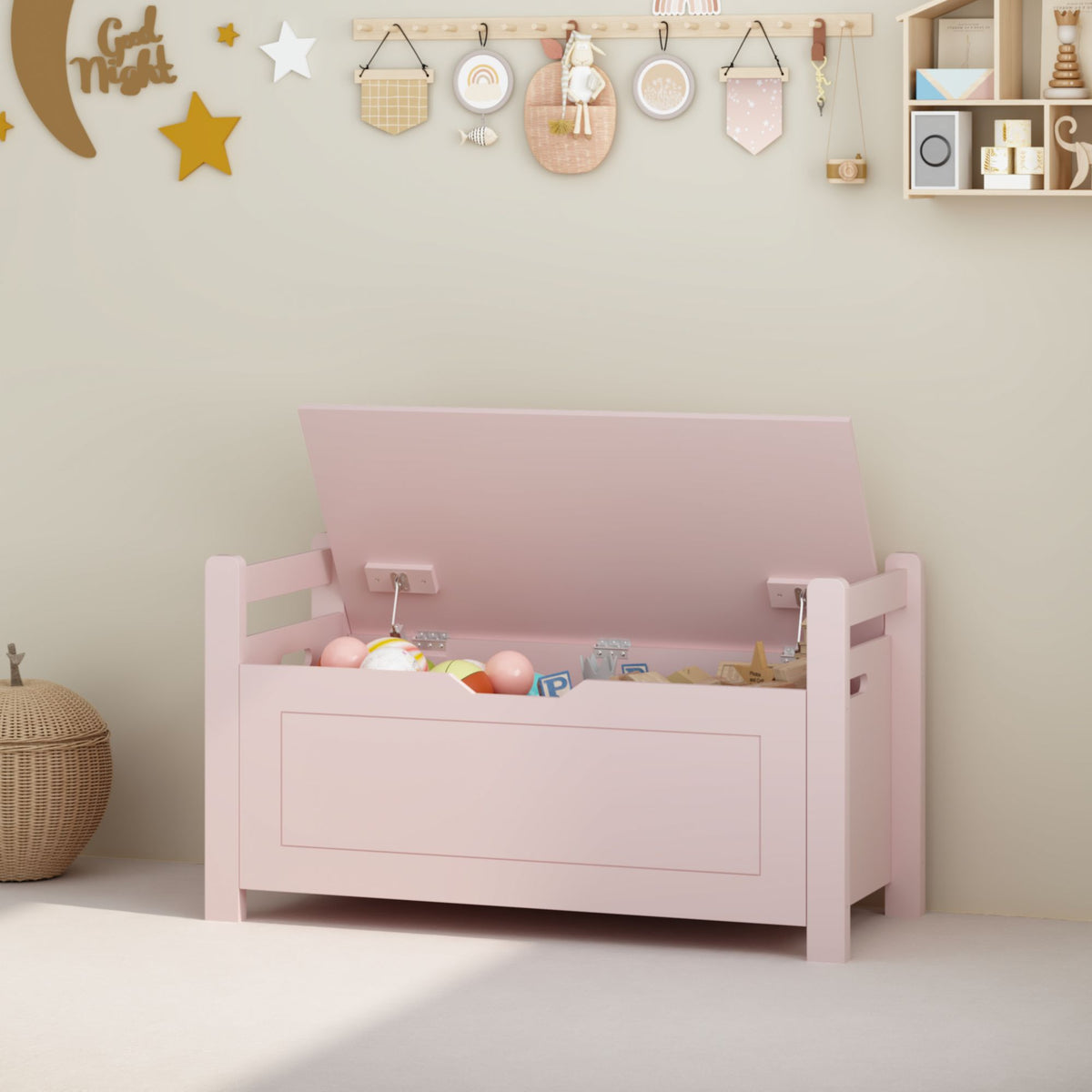 Kids Toy Box Chest for Boys Girls, Large Storage Cabinet with Cushion Seat Bench/ Flip-Top Lid/ Safety Hinge, Toy Storage Organizer Trunk for Nursery, Playroom (Pink)