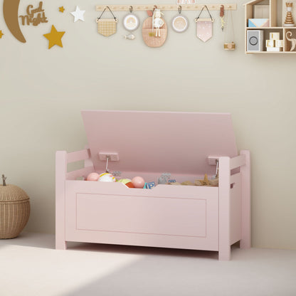 Kids Toy Box Chest for Boys Girls, Large Storage Cabinet with Cushion Seat Bench/ Flip-Top Lid/ Safety Hinge, Toy Storage Organizer Trunk for Nursery, Playroom (Pink)